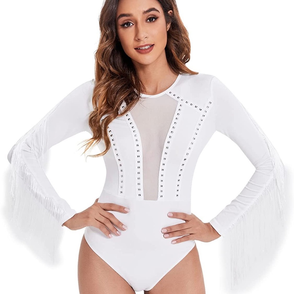 Women’s cold shoulder fringe long sleeve sheer mesh bodysuit